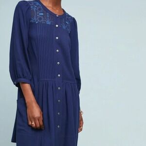Anthropologie Navy Blue‎ Embroidered Button Front Dress Pockets